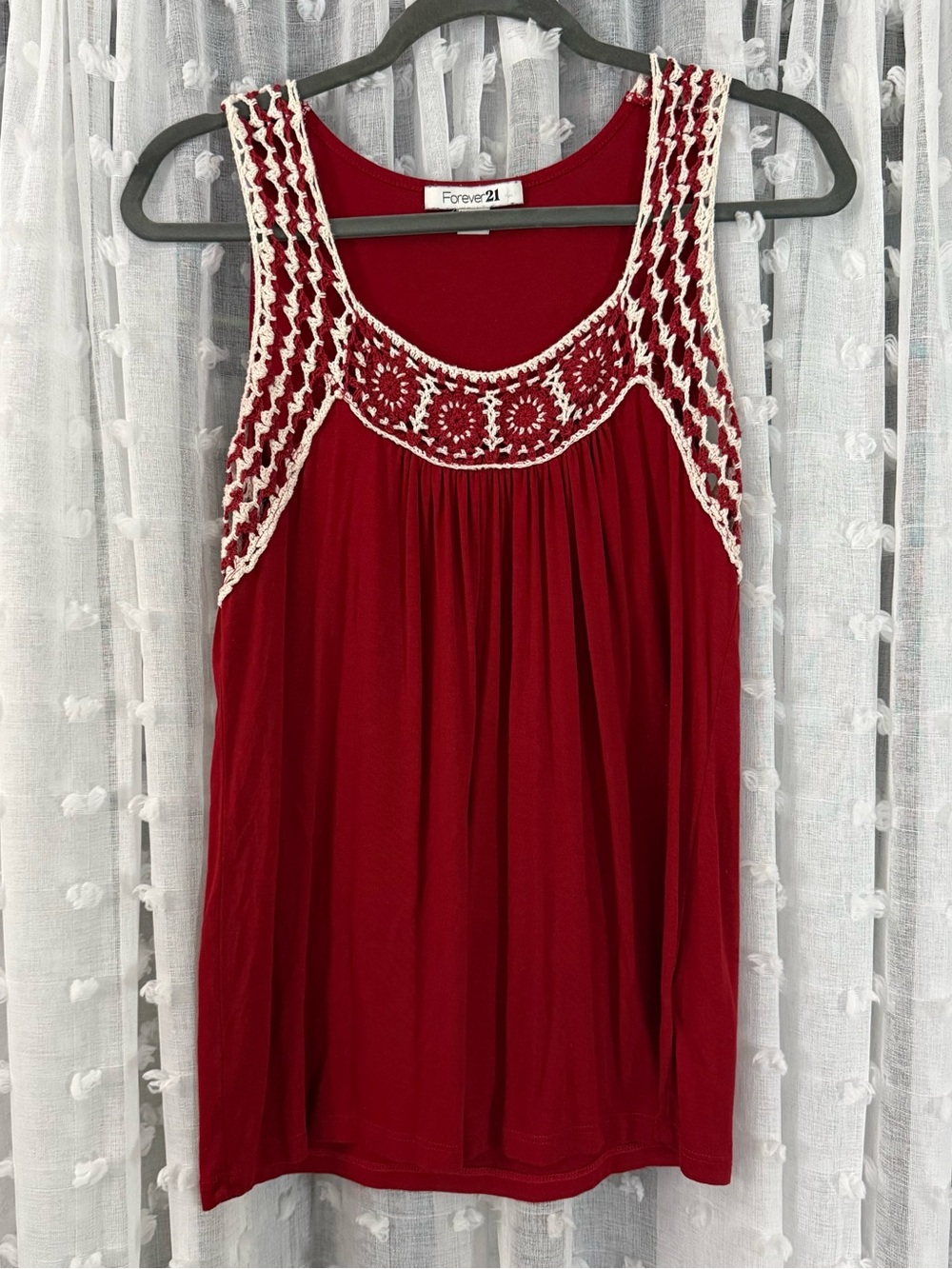 Forever 21 — Red Tank with Red and Cream Crochet Neckline